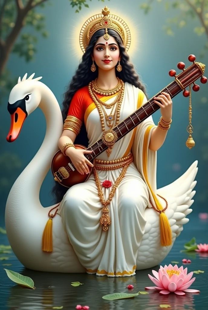 Saraswati Maa playing the veena on swan