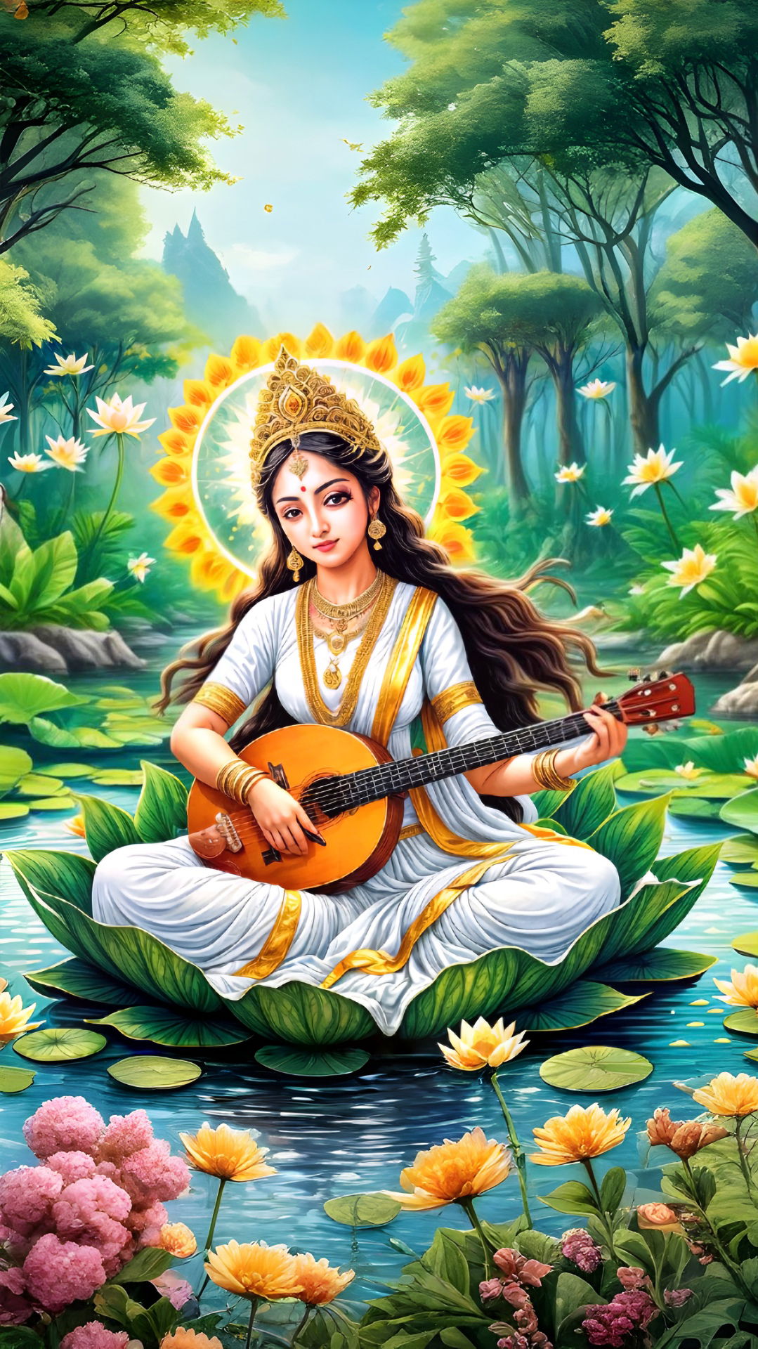 Saraswati Maa playing the veena on lotus