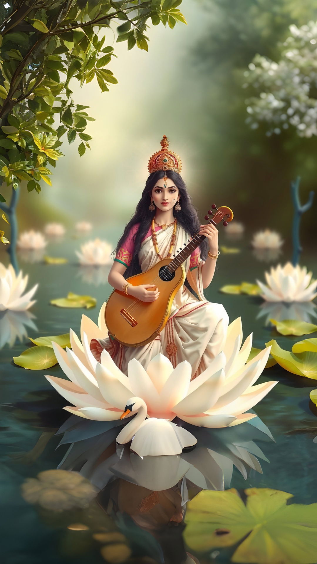 Saraswati Maa playing the veena on lotus