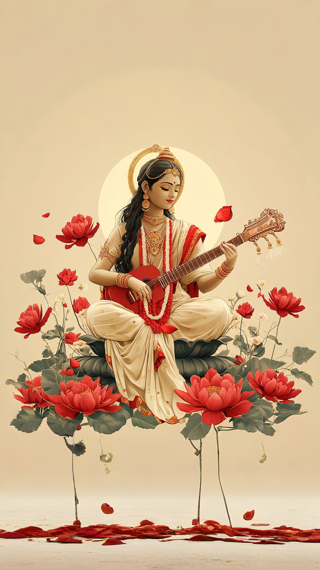 Saraswati Maa playing the veena surrounded by flowers
