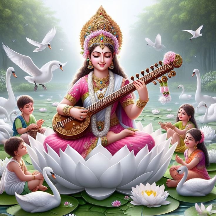 Saraswati Maa playing veena with swans