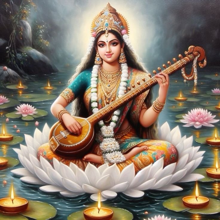 Saraswati Maa playing veena on lotus