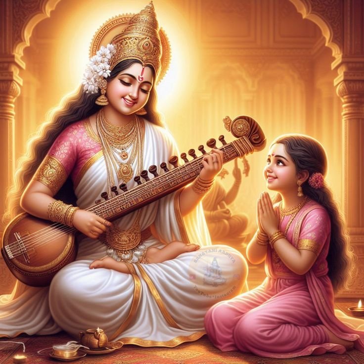 Saraswati Maa playing the veena with devotee