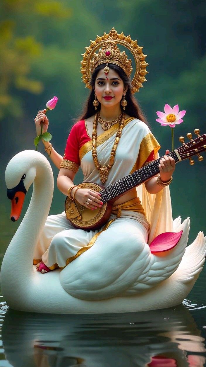 Saraswati Maa with veena and swan