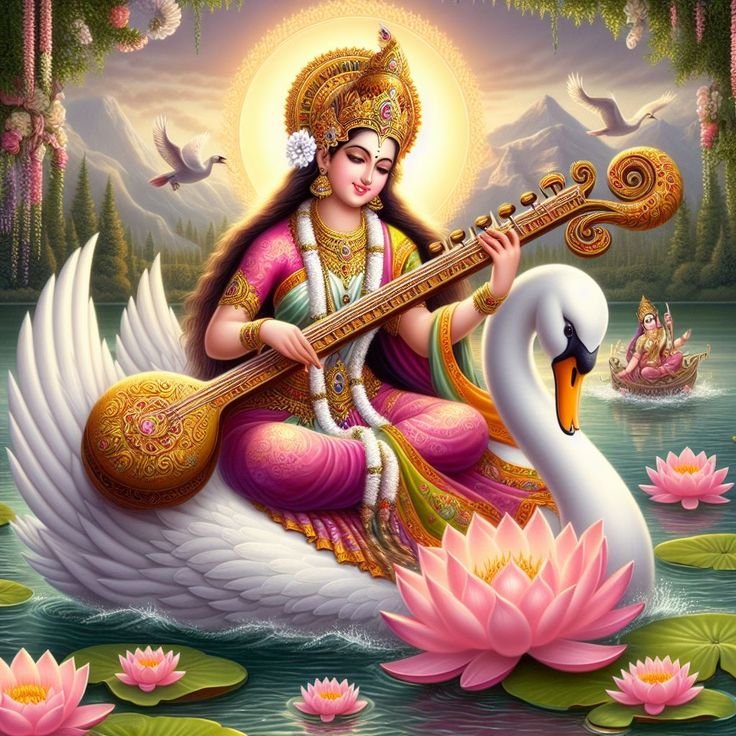 Saraswati Maa playing the veena on swan