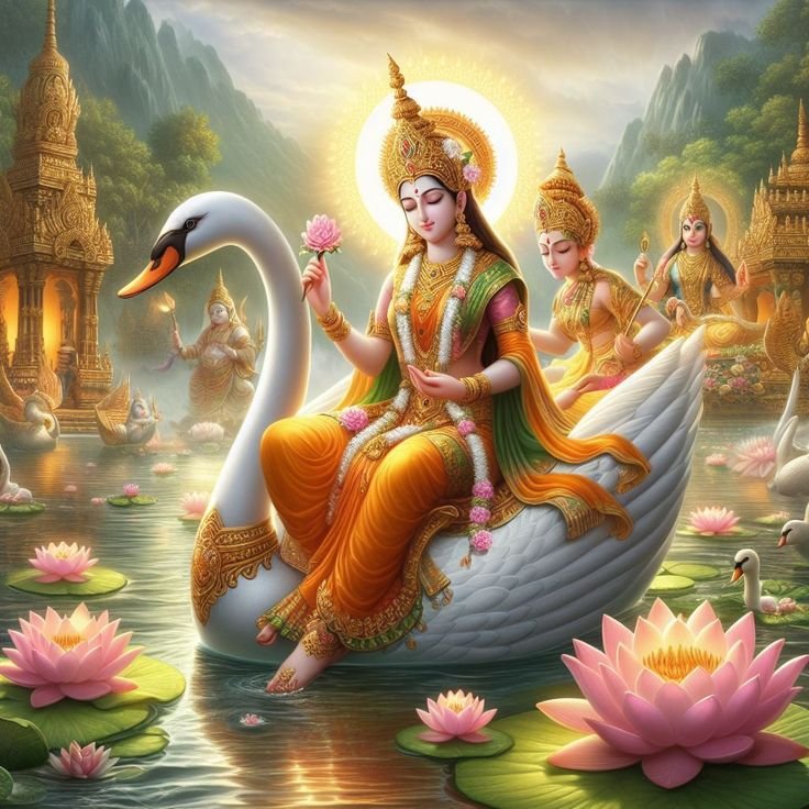Saraswati Maa on Swan with Veena