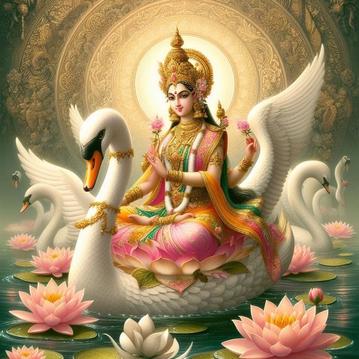 Saraswati Maa with swan and veena