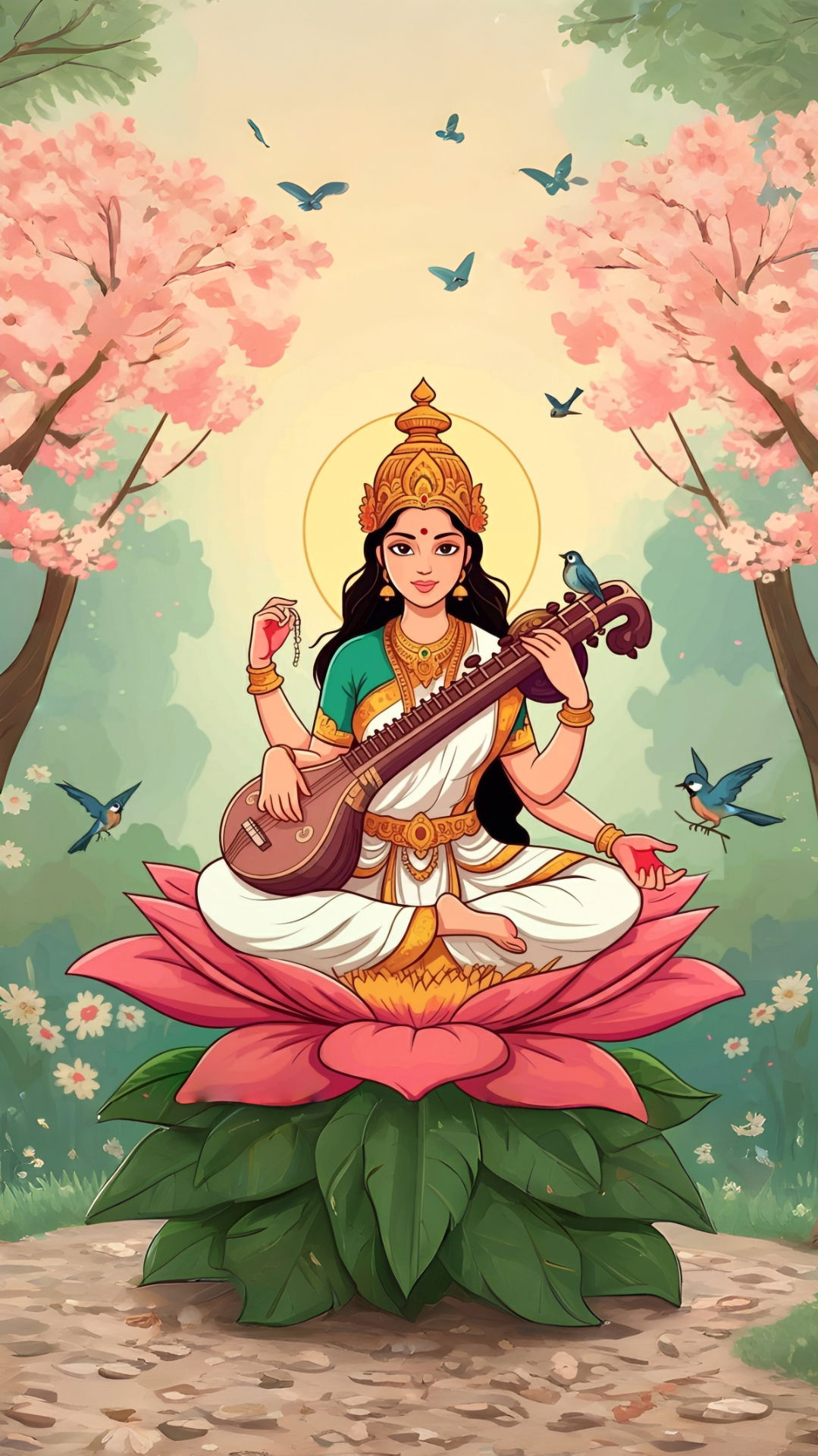 Saraswati Maa playing the veena on lotus.