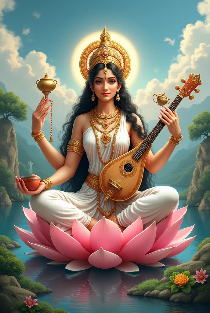 Saraswati Maa playing the Veena on Lotus