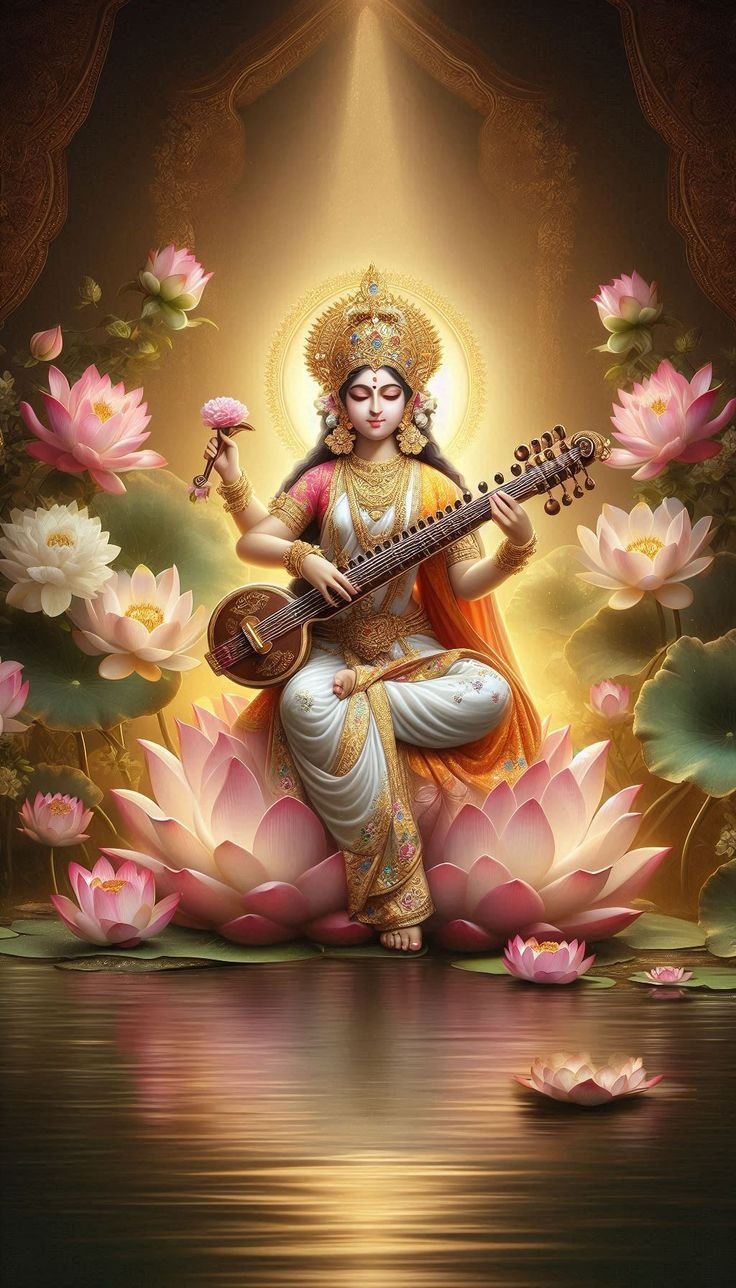 Saraswati Maa playing the veena amidst lotuses
