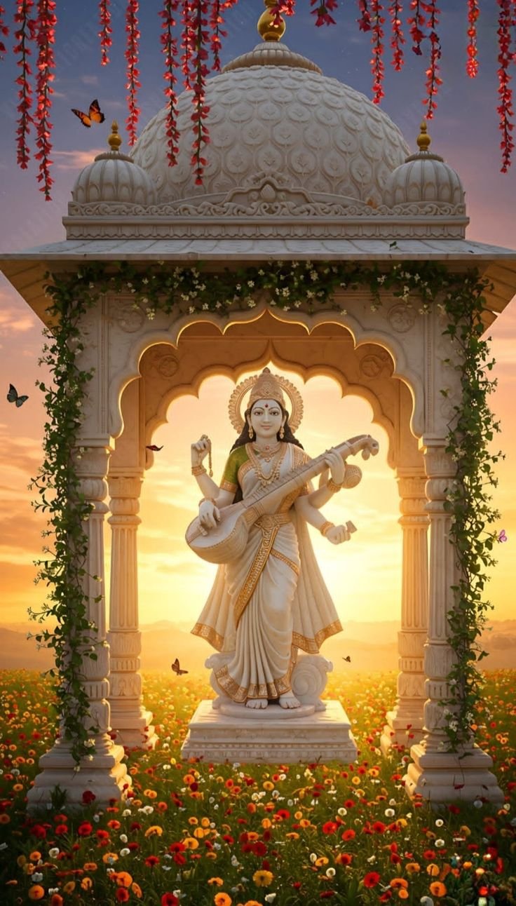 Saraswati Maa in a flower-filled garden.