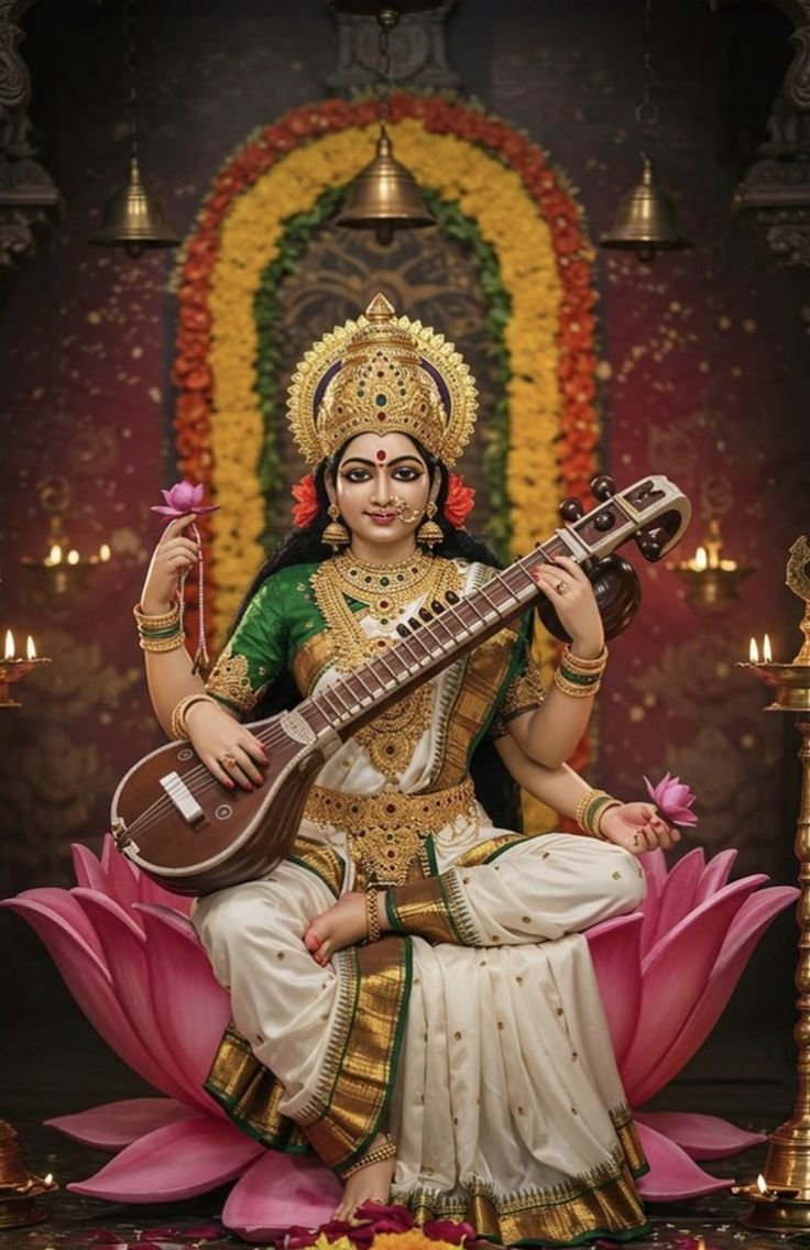 Saraswati Maa playing the veena on lotus