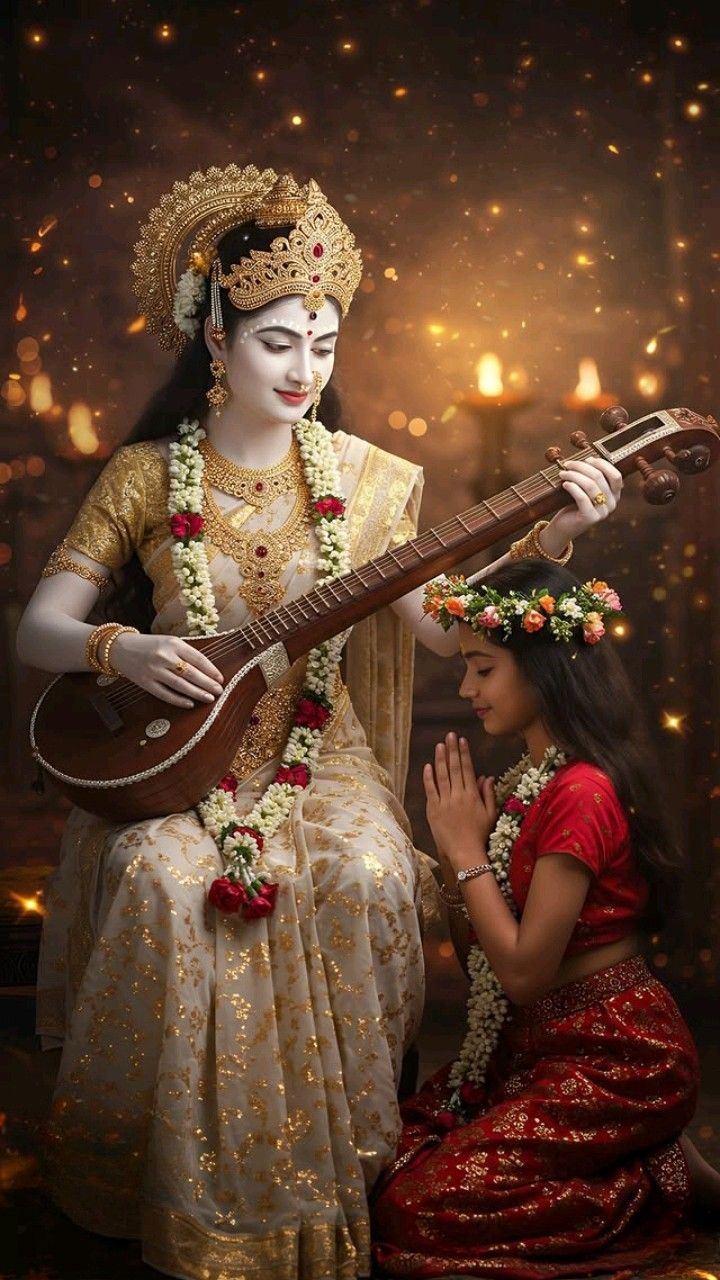 Saraswati Maa playing the veena with devotee