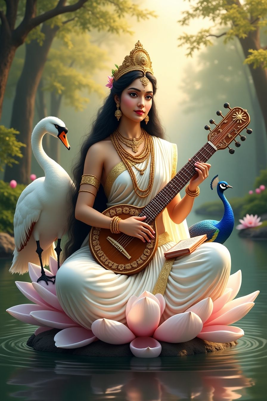 Saraswati Maa playing the veena on lotus