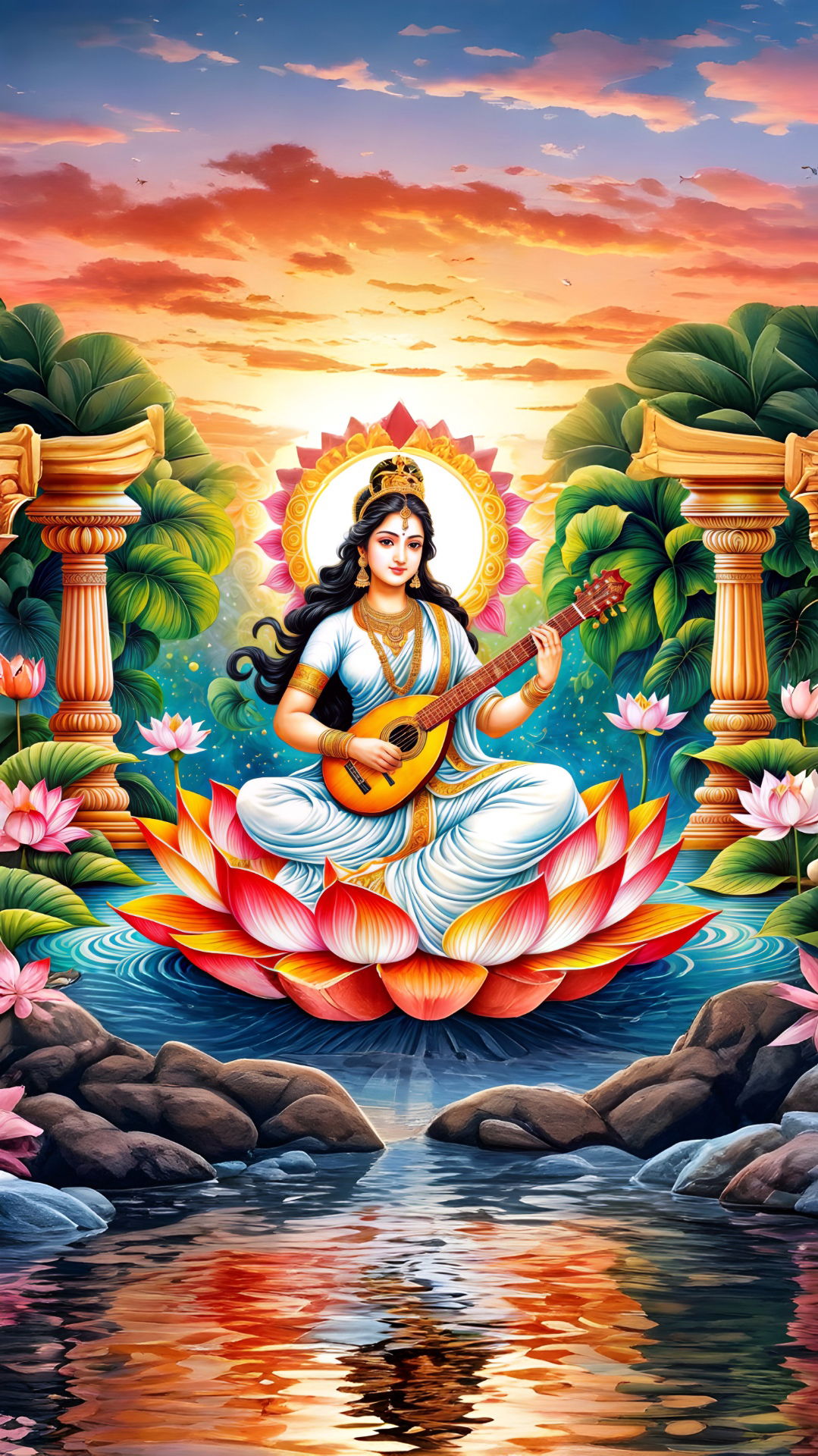 Saraswati Maa playing the Veena on a lotus