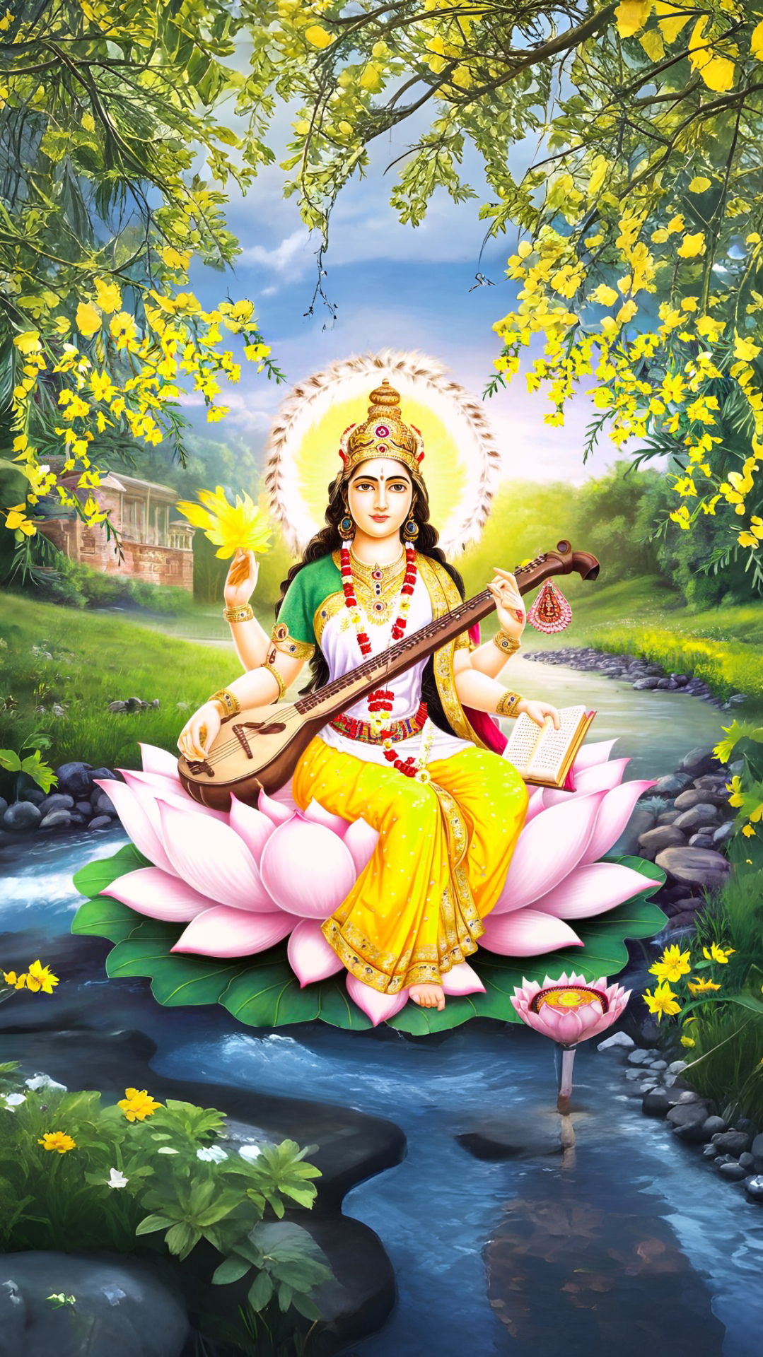 Saraswati Maa seated on a lotus.