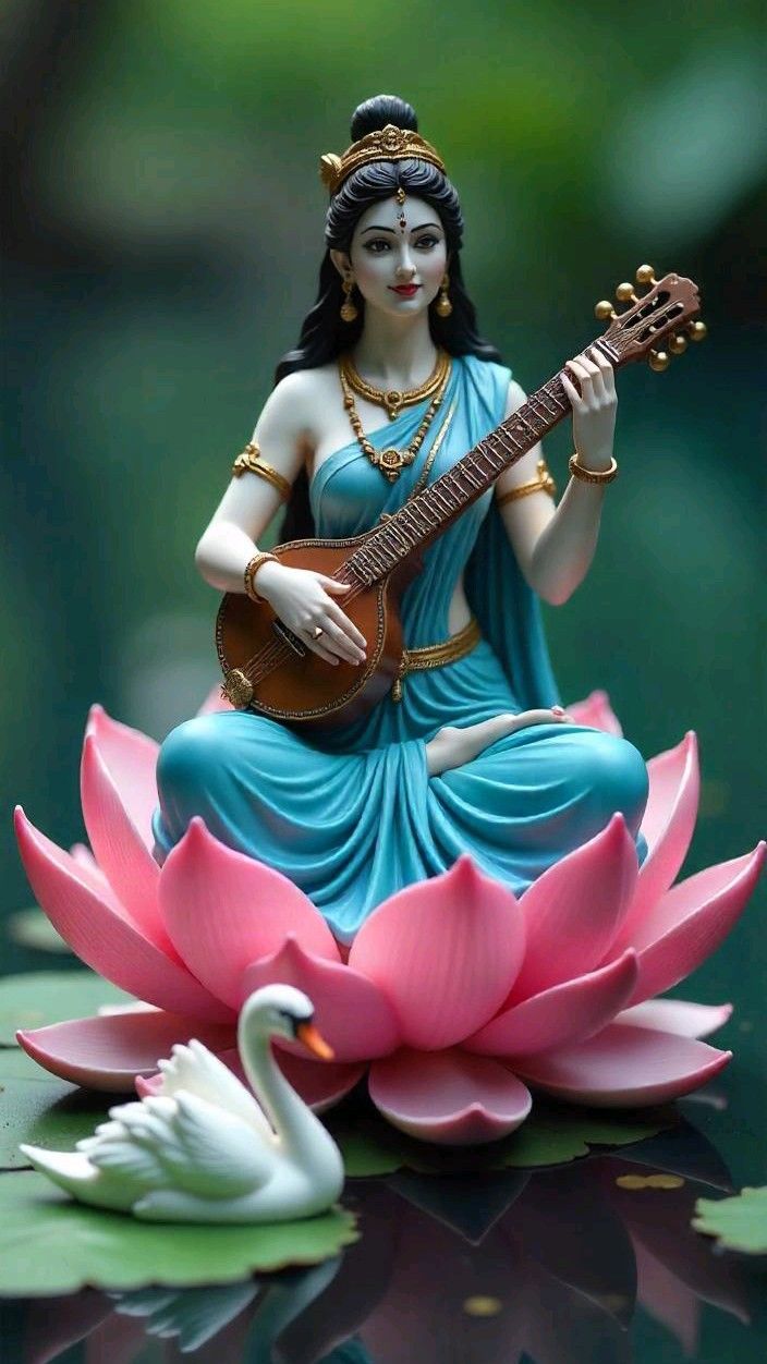 Saraswati Maa playing veena on lotus.
