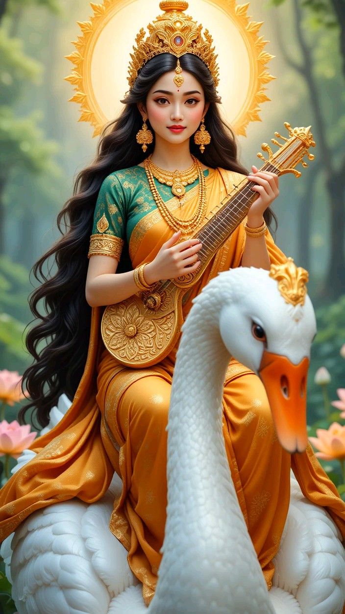 Saraswati Maa playing the veena with swan