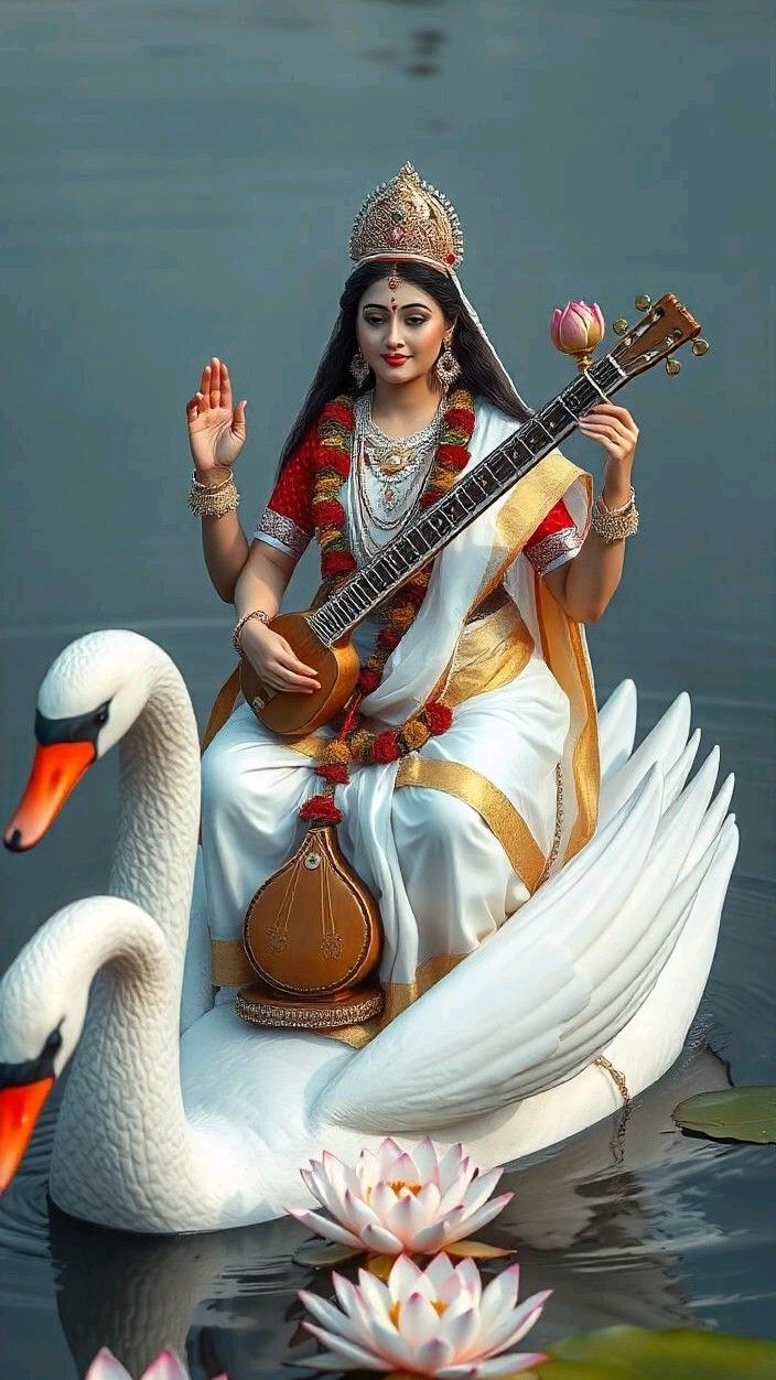 Saraswati Maa playing veena on swan