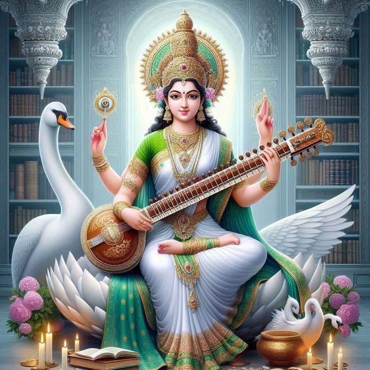 Saraswati Maa playing the veena with swans