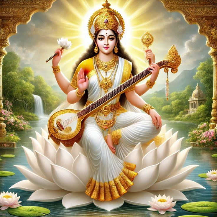 Goddess Saraswati playing the veena on lotus