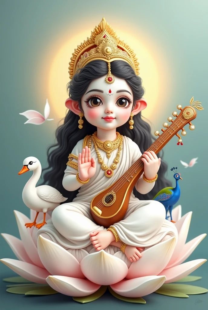 Saraswati Maa playing the veena on lotus