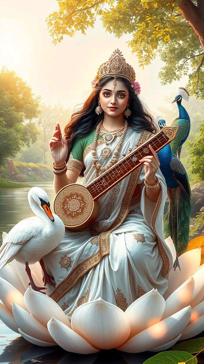 Saraswati Maa playing the veena on lotus