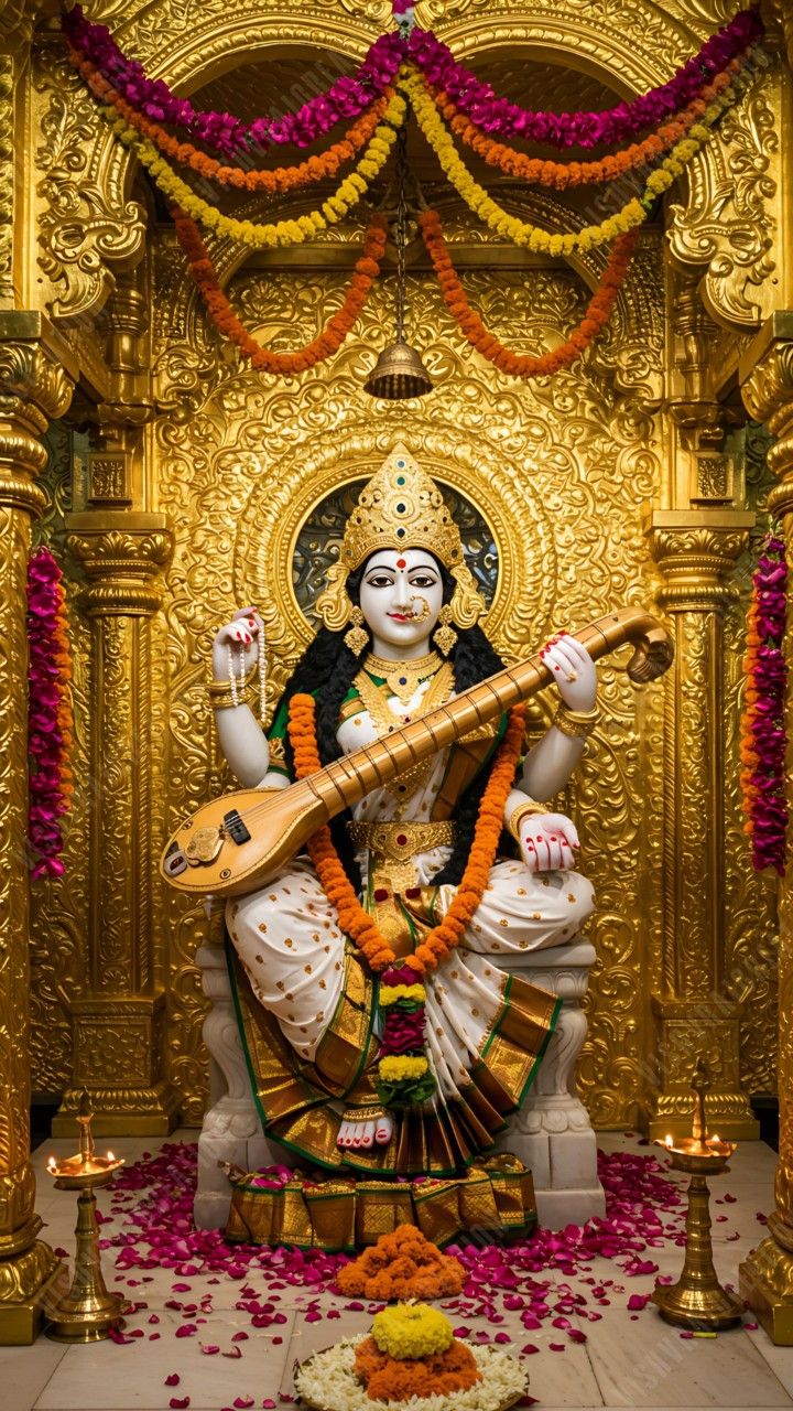 Saraswati Maa playing the veena in temple.