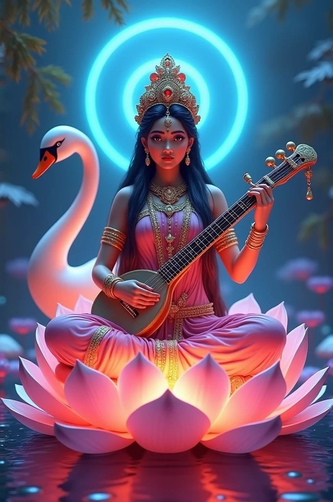 Saraswati Maa playing the veena on lotus