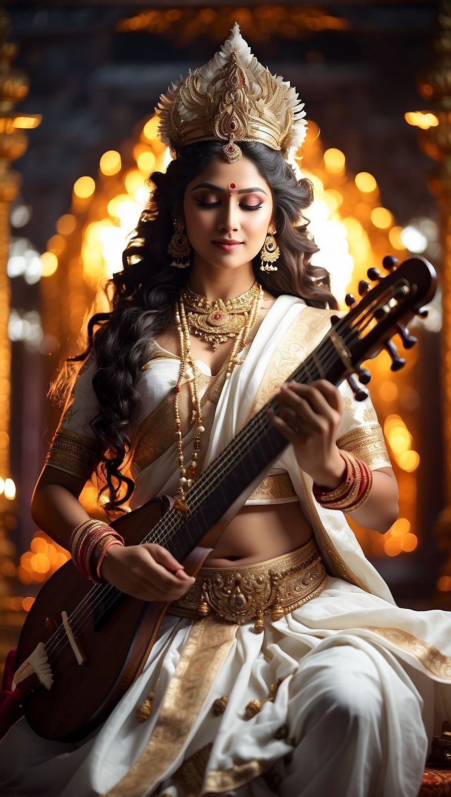 Saraswati Maa playing the veena gracefully.