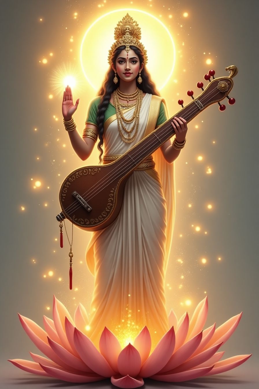 Saraswati Maa playing the veena, divine glow