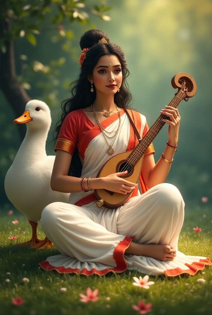 Saraswati Maa with veena and swan