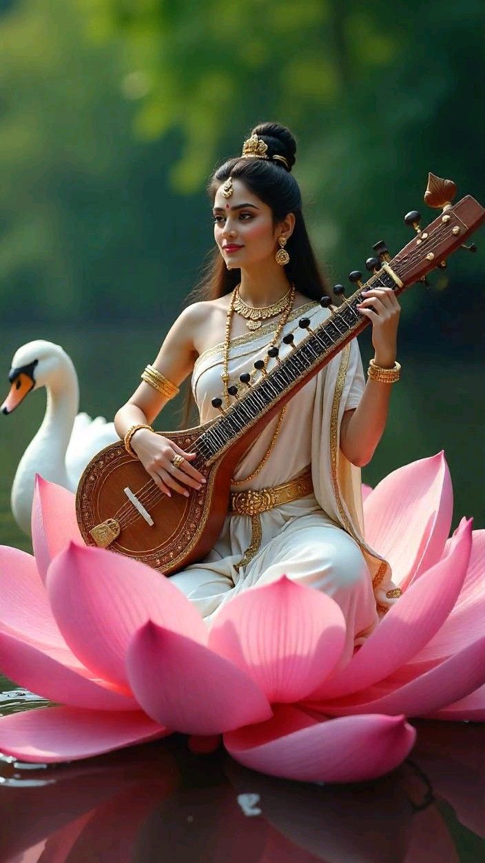 Saraswati Maa playing veena on lotus
