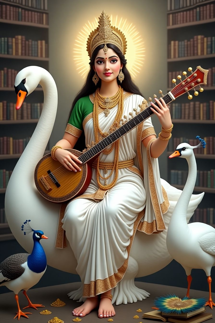 Goddess Saraswati with veena and swans