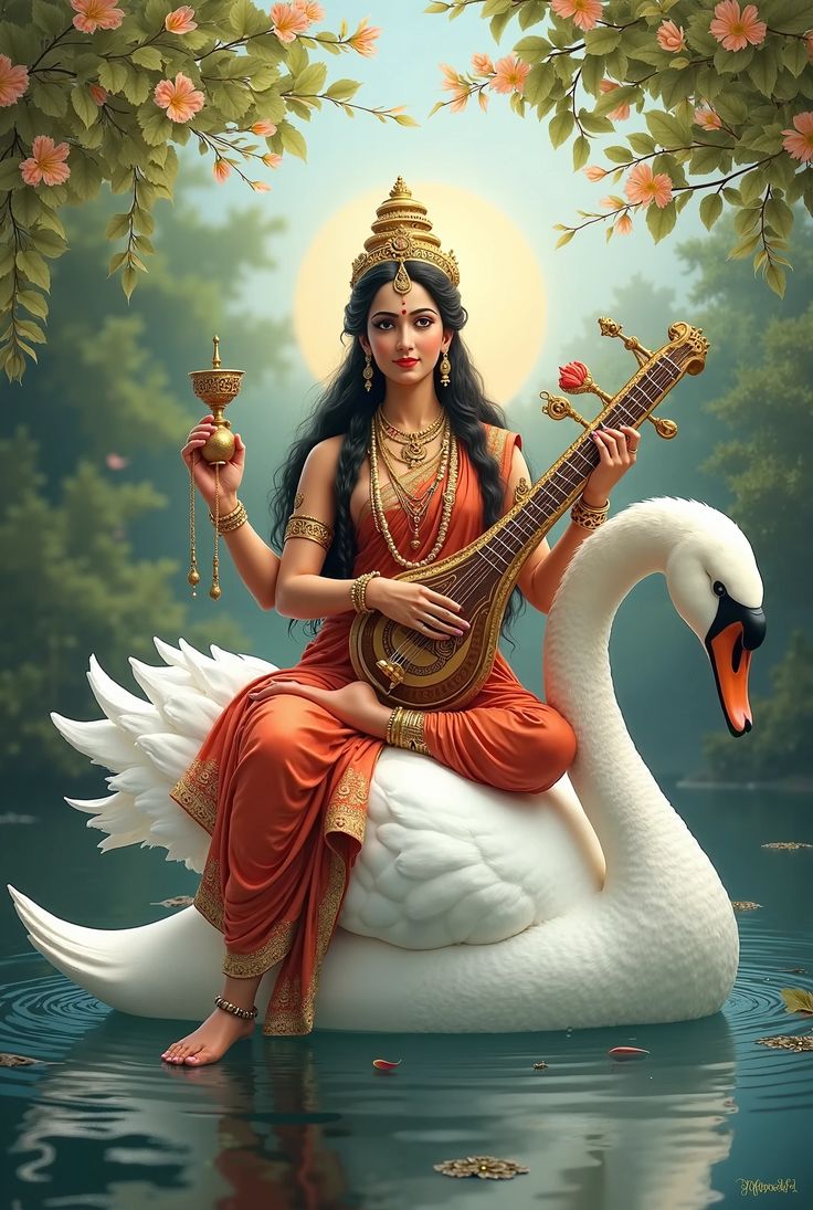Saraswati Maa plays the veena on swan