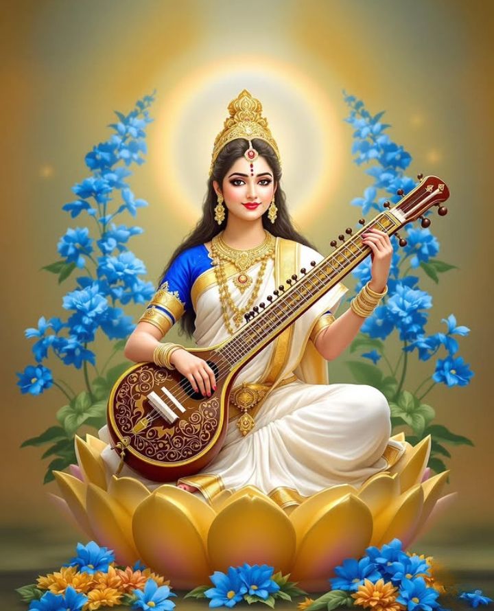 Saraswati Maa playing the veena on lotus