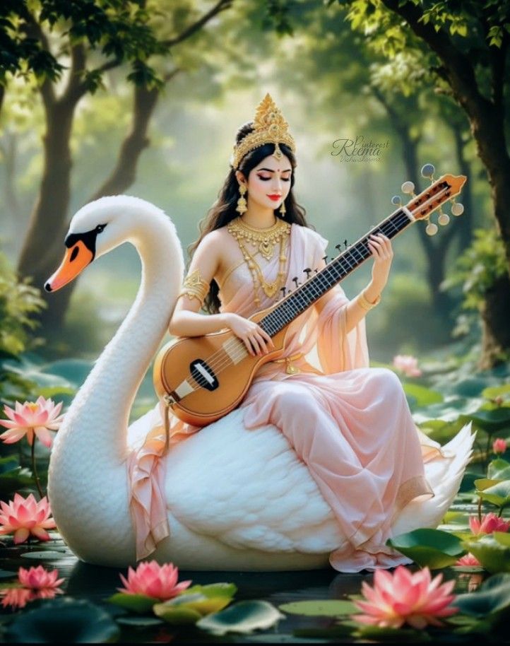 Saraswati Maa with veena and swan