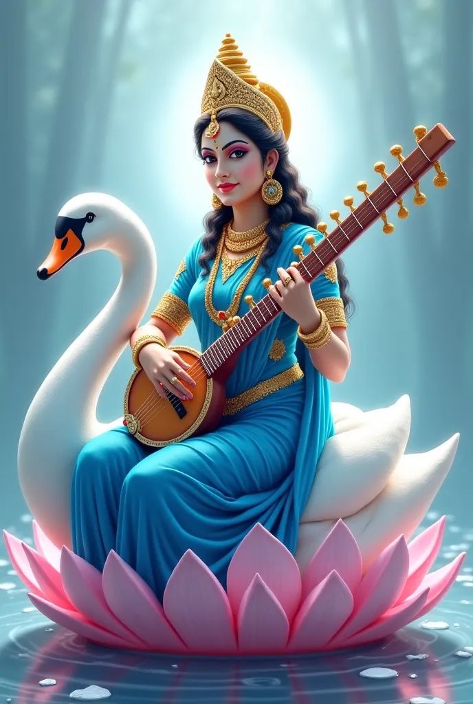Saraswati Maa playing the veena on lotus