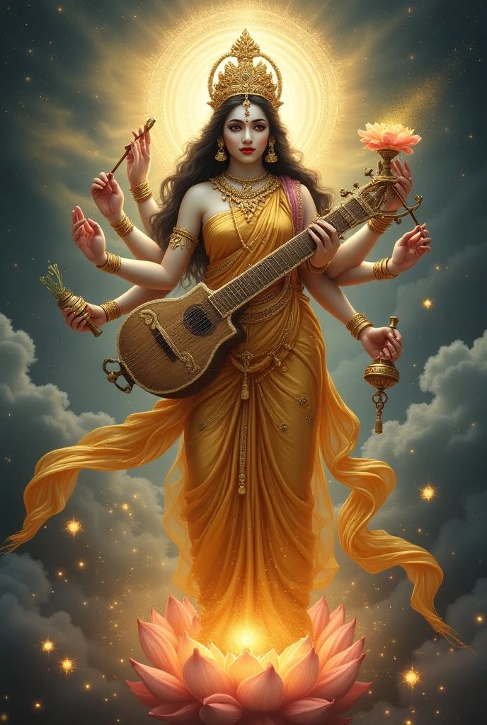 Saraswati Maa playing the veena on lotus