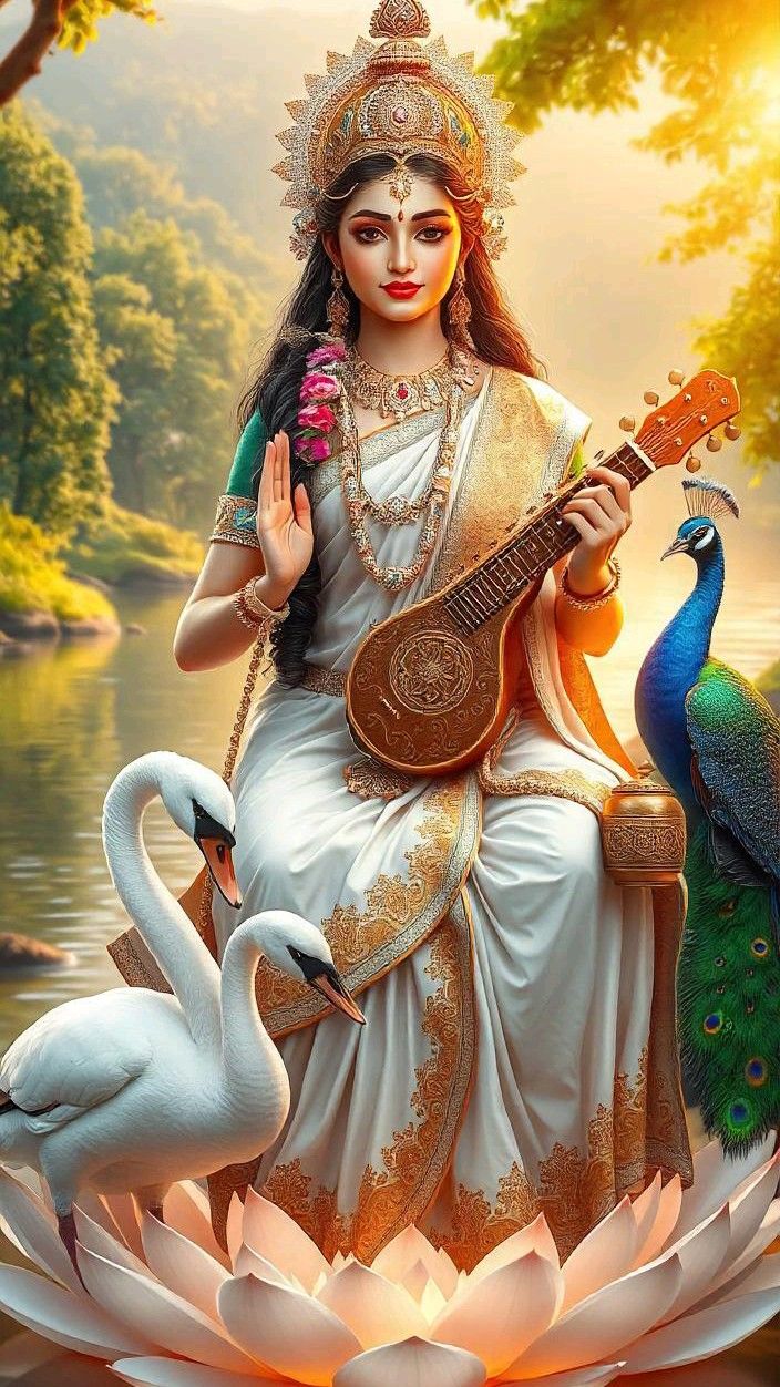 Saraswati Maa with veena, swans, and peacock.