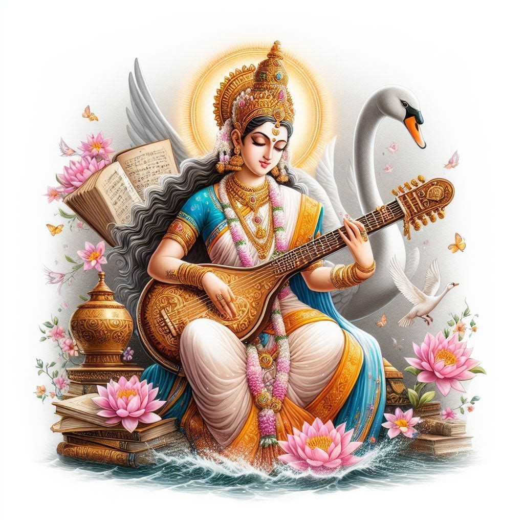 Saraswati Maa playing the veena with swan