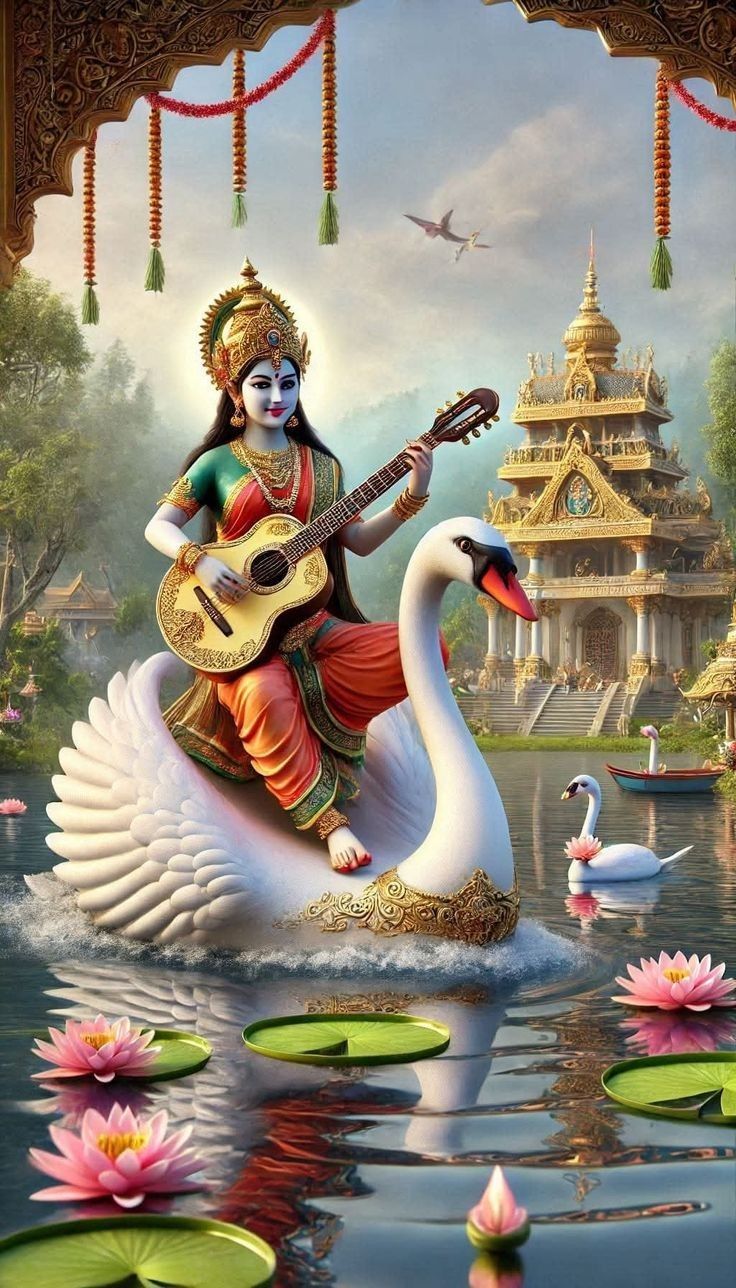 Saraswati Maa playing veena on swan