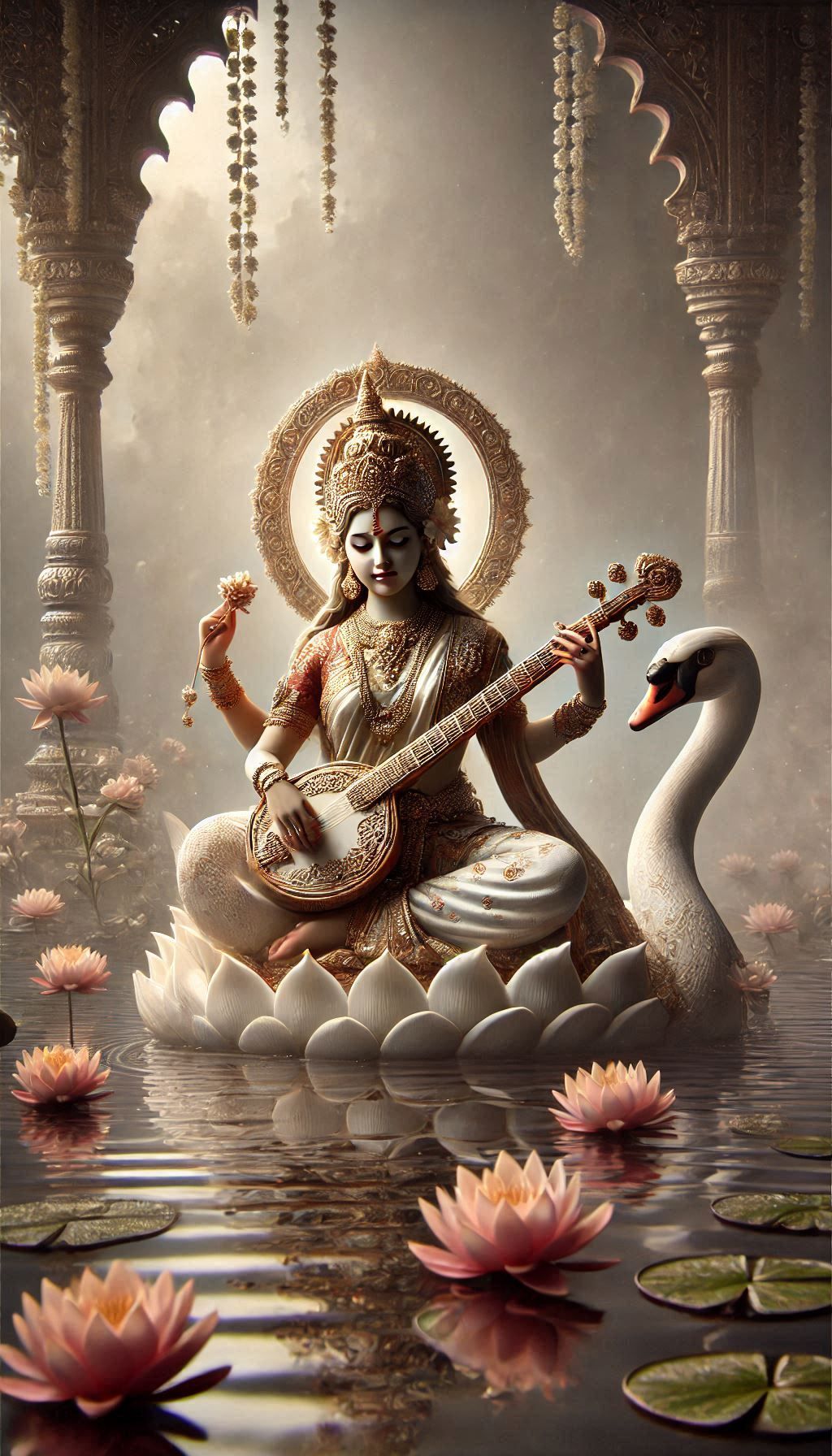 Saraswati Maa playing the veena on swan