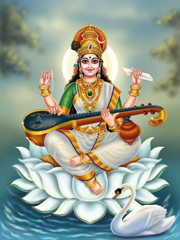Saraswati Maa plays the veena on lotus.