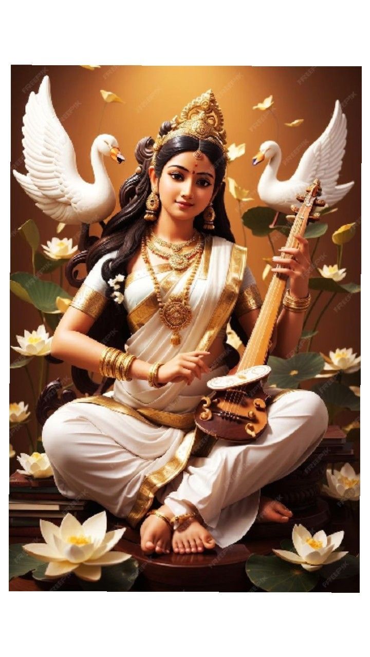 Saraswati Maa playing the veena with swans.