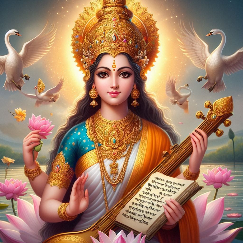 Goddess Saraswati with veena and swans