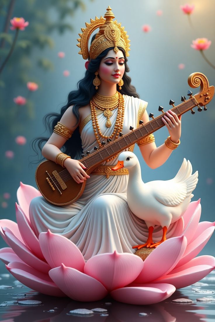 Saraswati Maa playing the veena on lotus