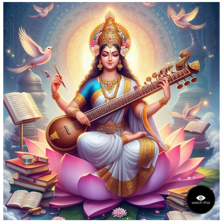 Saraswati Maa playing the veena gracefully.