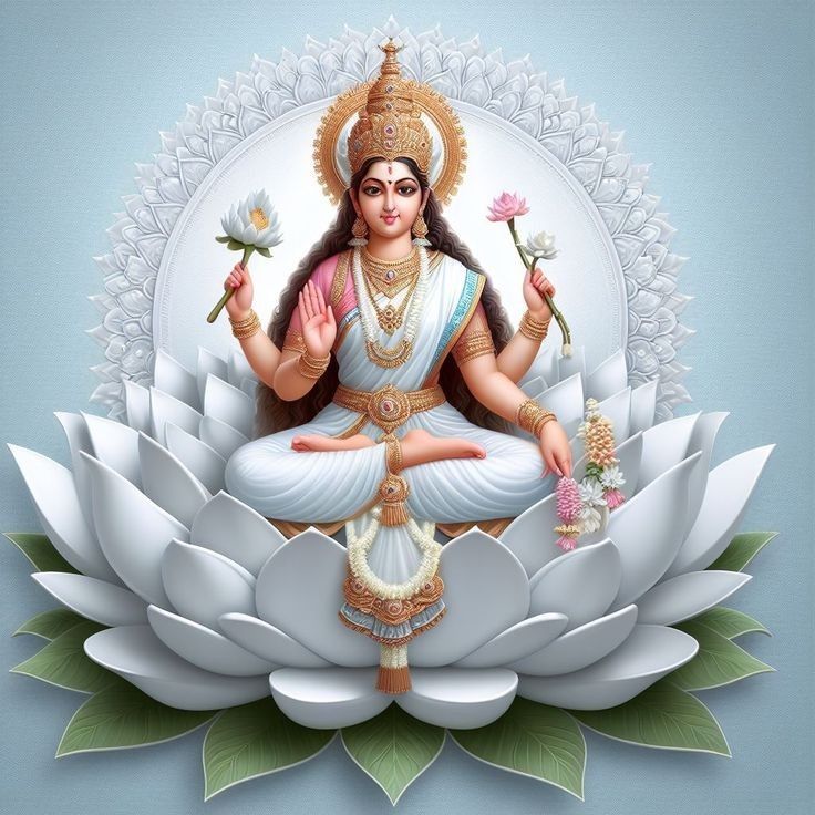 Goddess Saraswati seated on lotus flower