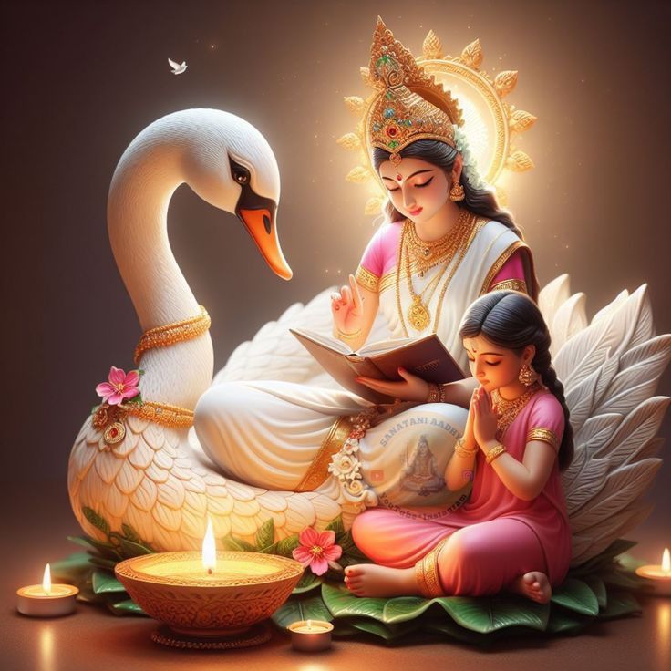 Saraswati Maa with swan and veena